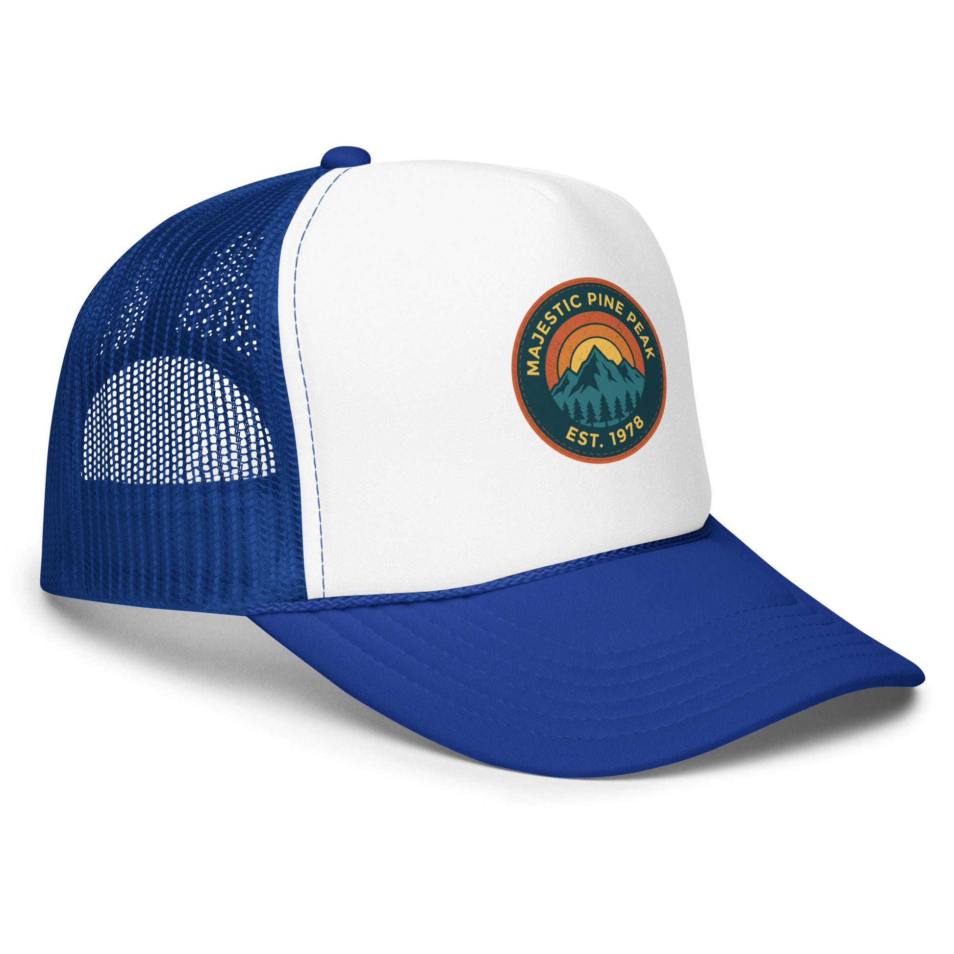 Royal blue and white retro mountain sunset trucker hat, angled front view