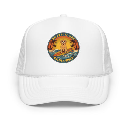 Vintage Golden Retriever Surf Trucker Hat Retro Dog Mom Baseball Cap - in White, front view - VibePrintPop