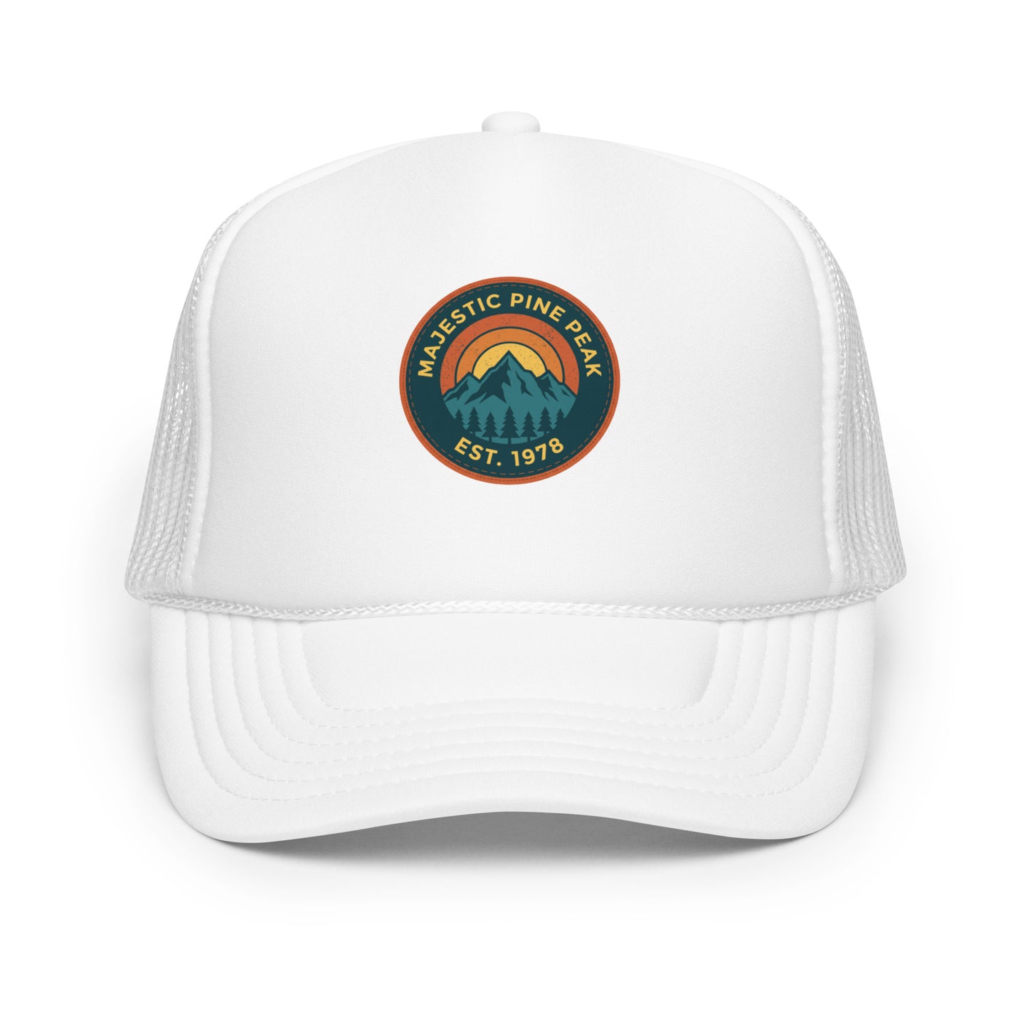 White retro mountain sunset trucker hat, front view of vintage hiking graphic
