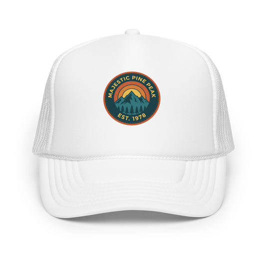 White retro mountain sunset trucker hat, front view of vintage hiking graphic