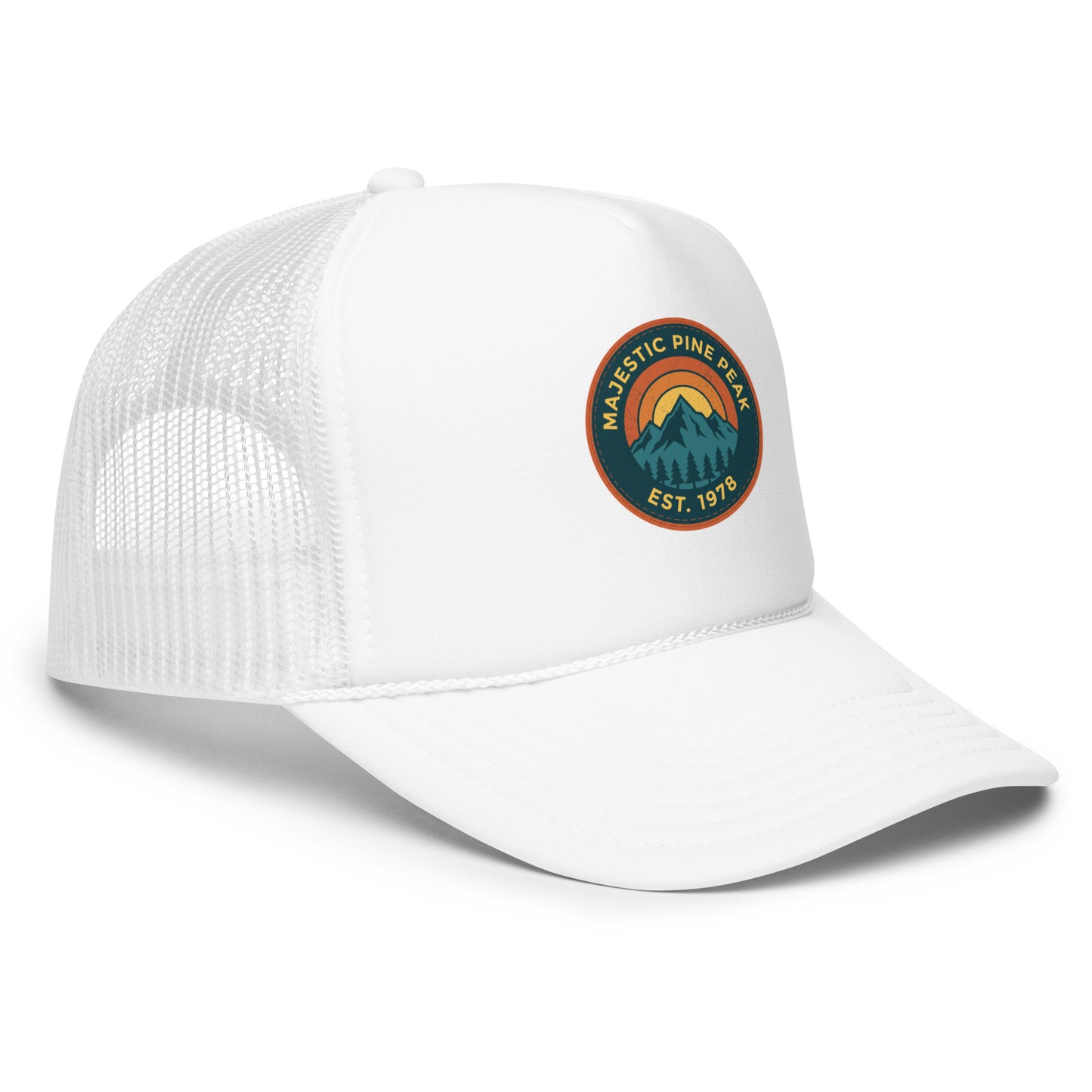 White retro mountain sunset trucker hat with mesh back, angled front view