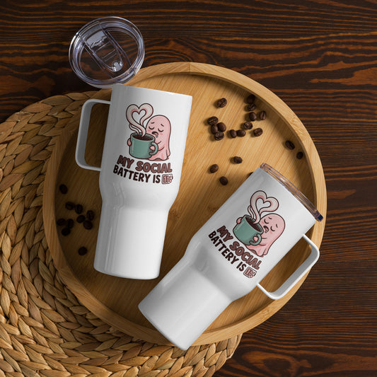 My Social Battery Is Empty design on a white 25 oz insulated travel mug with a handle, front view