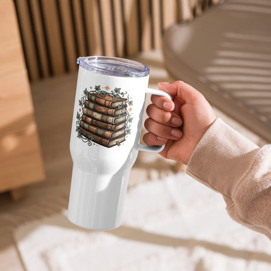 Stacked books and ivy design on a white 25 oz insulated travel mug with a handle, left view