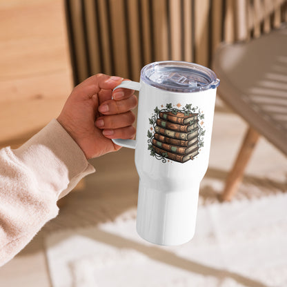 Stacked books and ivy design on a white 25 oz insulated travel mug with a handle, right view