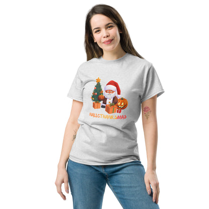 Happy Hallothanksmas Shirt - in Ash, front view - VibePrintPop