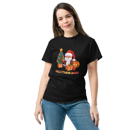 Happy Hallothanksmas Shirt - in Black, front view - VibePrintPop
