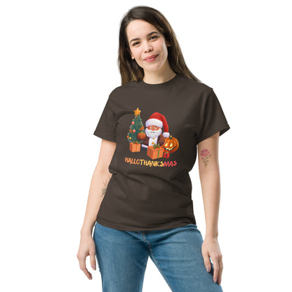 Happy Hallothanksmas Shirt - in Dark Chocolate, front view - VibePrintPop