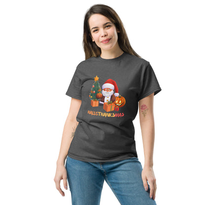 Happy Hallothanksmas Shirt - in Dark Heather, front view - VibePrintPop