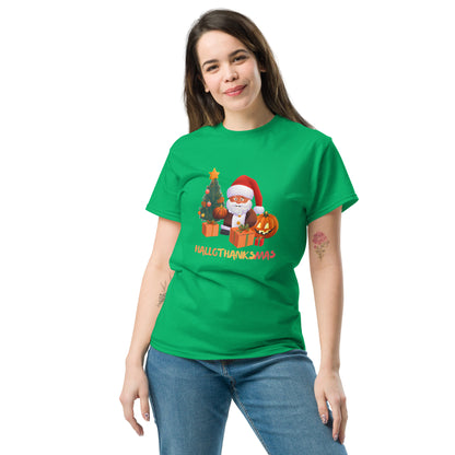 Happy Hallothanksmas Shirt - in Irish Green, front view - VibePrintPop
