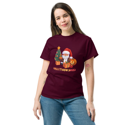 Happy Hallothanksmas Shirt - in Maroon, front view - VibePrintPop