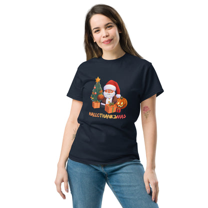 Happy Hallothanksmas Shirt - in Navy, front view - VibePrintPop