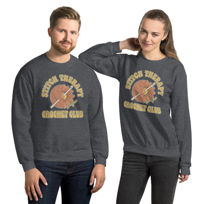 Retro Crochet Club Sweatshirt - in Dark Heather, front view - VibePrintPop
