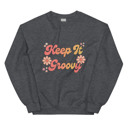 Groovy Sweatshirt - in Dark Heather, front view - VibePrintPop