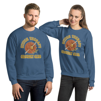 Retro Crochet Club Sweatshirt - in Indigo Blue, front view - VibePrintPop