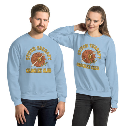 Retro Crochet Club Sweatshirt - in Light Blue, front view - VibePrintPop