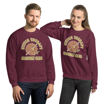 Retro Crochet Club Sweatshirt - in Maroon, front view - VibePrintPop