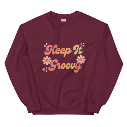 Groovy Sweatshirt - in Maroon, front view - VibePrintPop