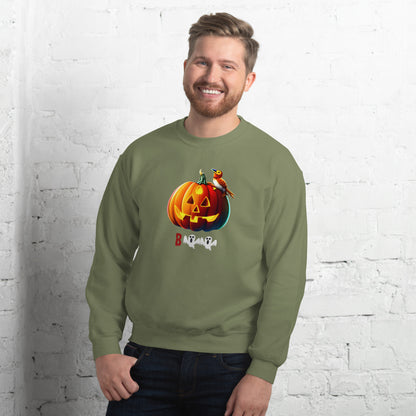 Halloween pumpkin sweatshirt - in Military Green, front view - VibePrintPop