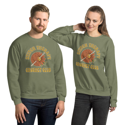 Retro Crochet Club Sweatshirt - in Military Green, front view - VibePrintPop
