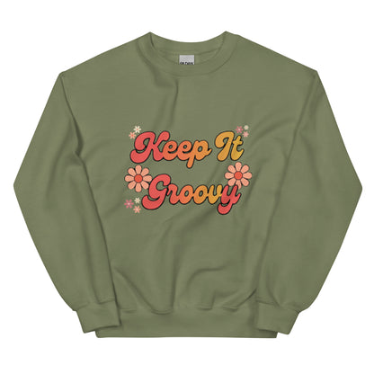Groovy Sweatshirt - in Military Green, front view - VibePrintPop