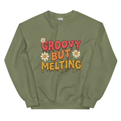 Groovy But Melting Sweatshirt - in Military Green, front view - VibePrintPop