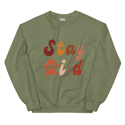 Retro Stay Wild Sweatshirt - in Military Green, front view - VibePrintPop