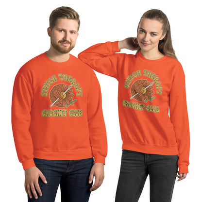 Retro Crochet Club Sweatshirt - in Orange, front view - VibePrintPop