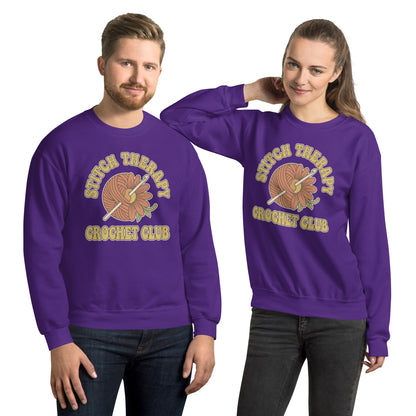 Retro Crochet Club Sweatshirt - in Purple, front view - VibePrintPop