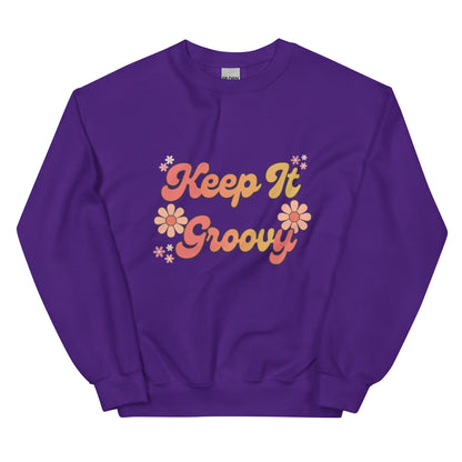 Groovy Sweatshirt - in Purple, front view - VibePrintPop