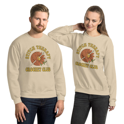 Retro Crochet Club Sweatshirt - in Sand, front view - VibePrintPop