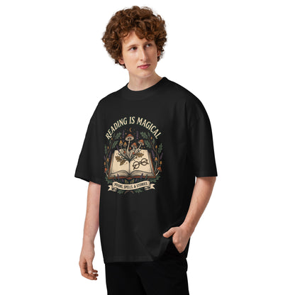 Whimsical Reading Witch oversized T-Shirt - in Black, front view - VibePrintPop
