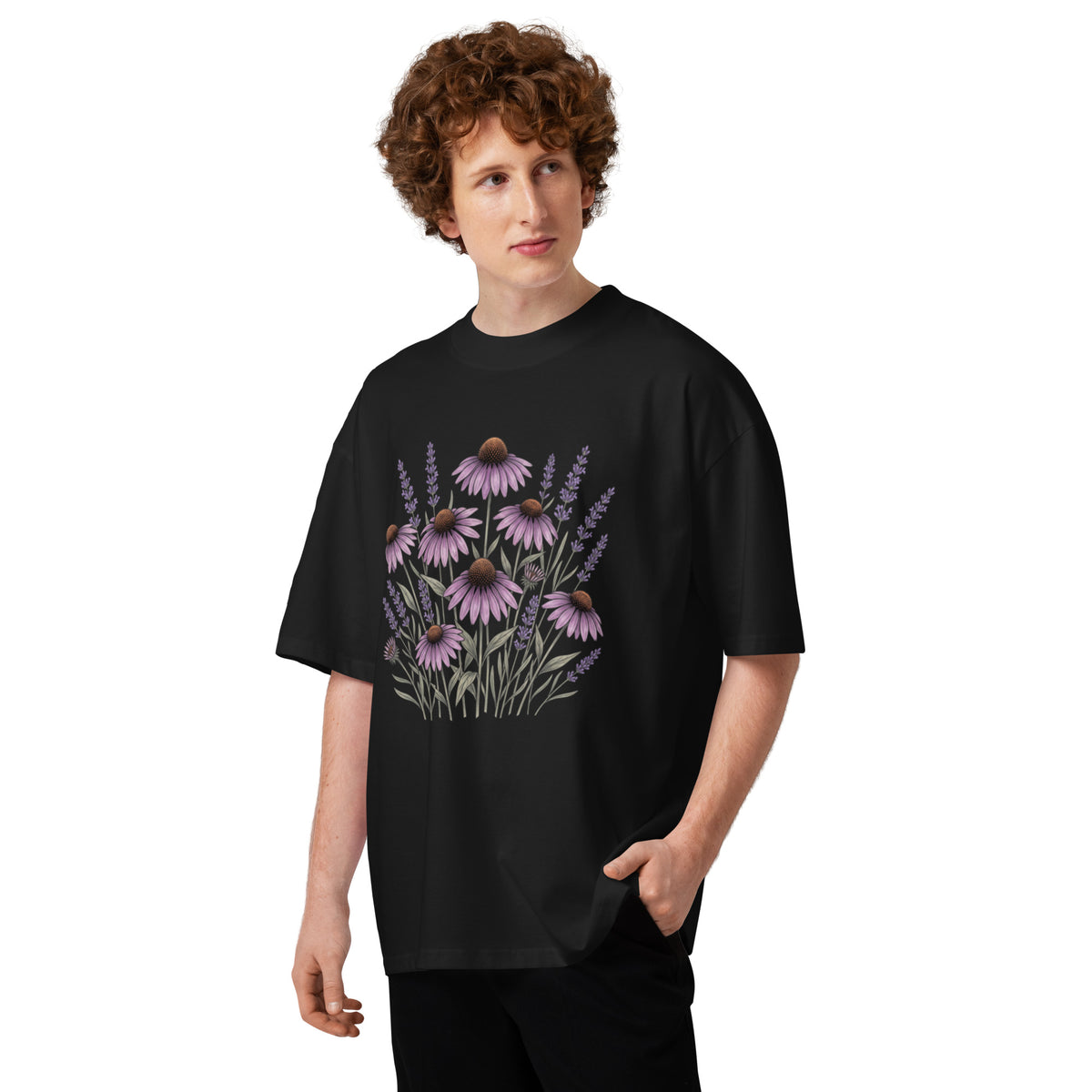 Purple coneflower echinacea botanical study on a black oversized high-neck tee, front view