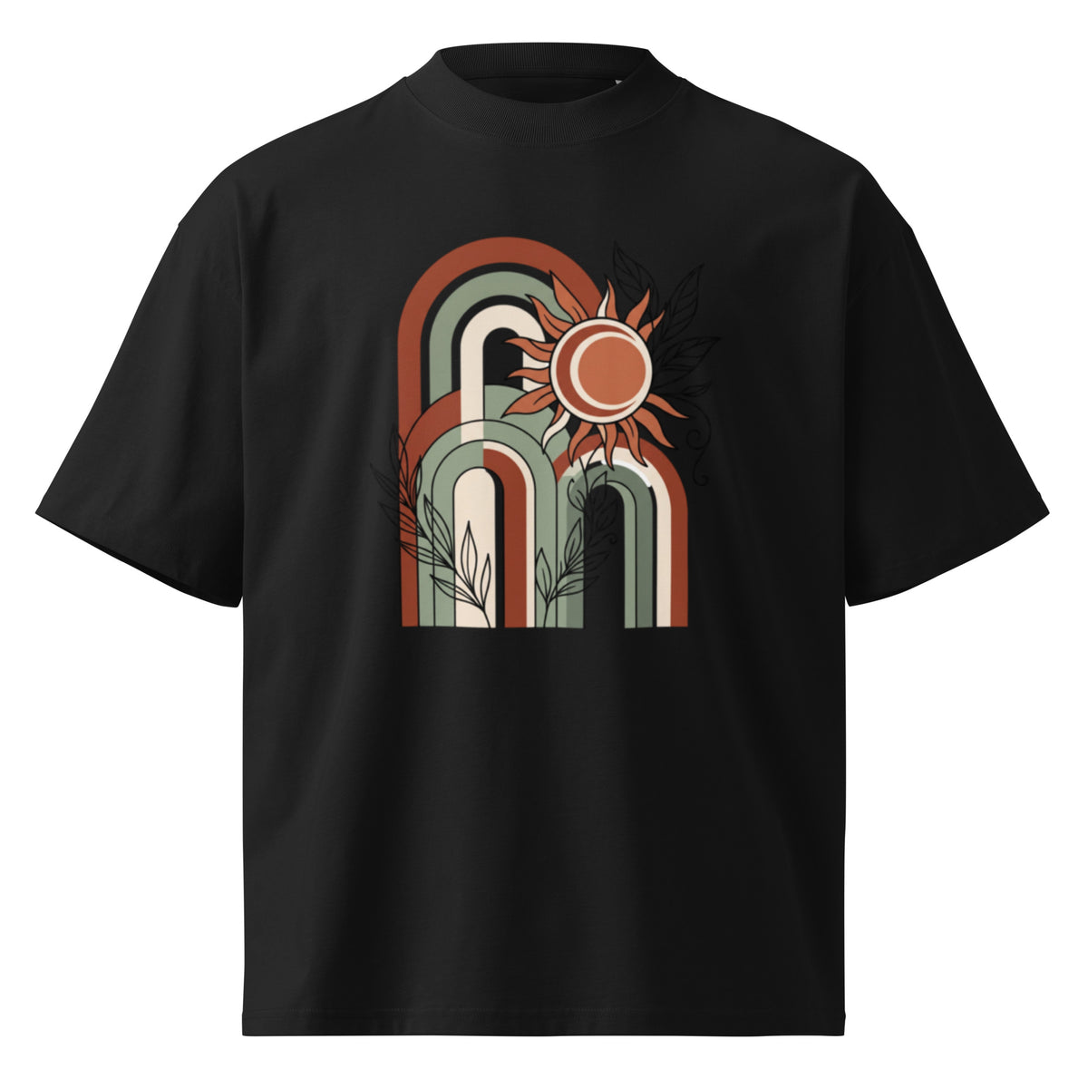 Retro rainbow arches with a rising sun on a black oversized high-neck tee, front view