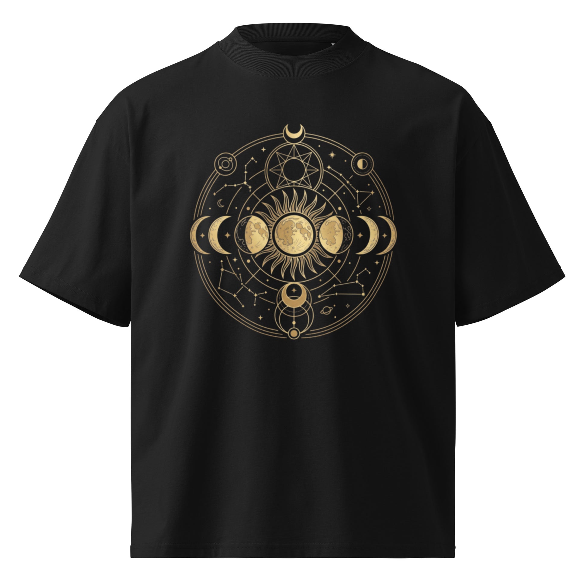 Gold celestial moon phases in an astrological circle on a black oversized high-neck tee, front view