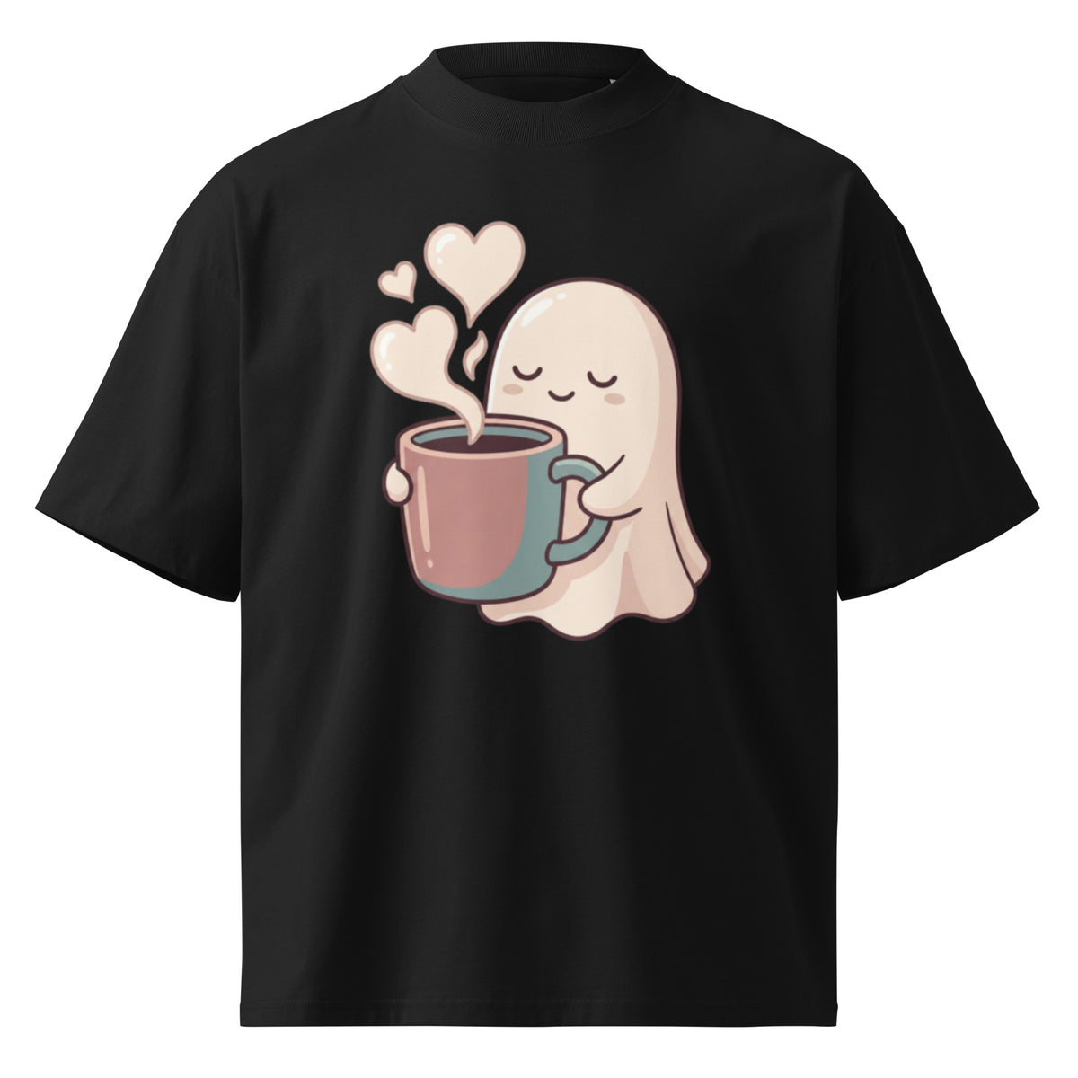 Cute ghost holding a coffee mug with heart-shaped steam on a black oversized high-neck tee, front view