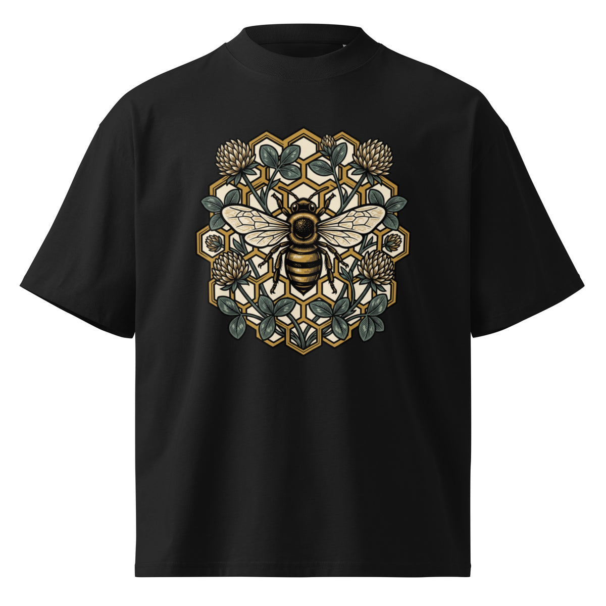 Geometric honeycomb and bee design in teal and gold on a black oversized high-neck tee, front view