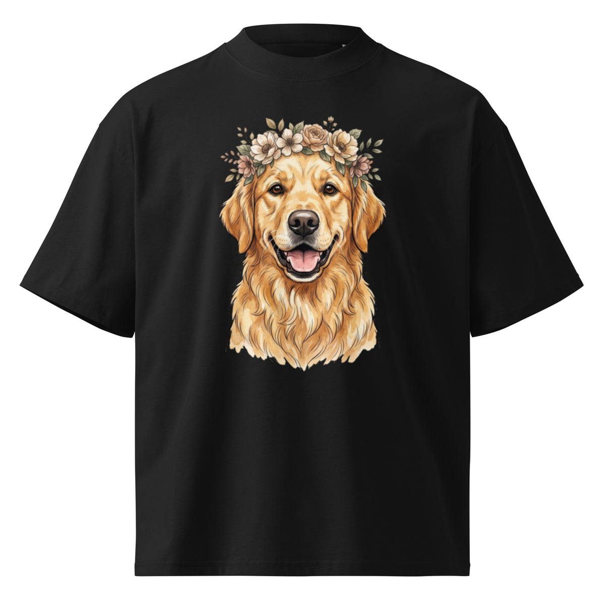 Golden retriever wearing a flower crown on a black oversized high-neck tee, front view