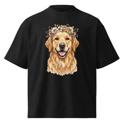 Golden retriever wearing a flower crown on a black oversized high-neck tee, front view