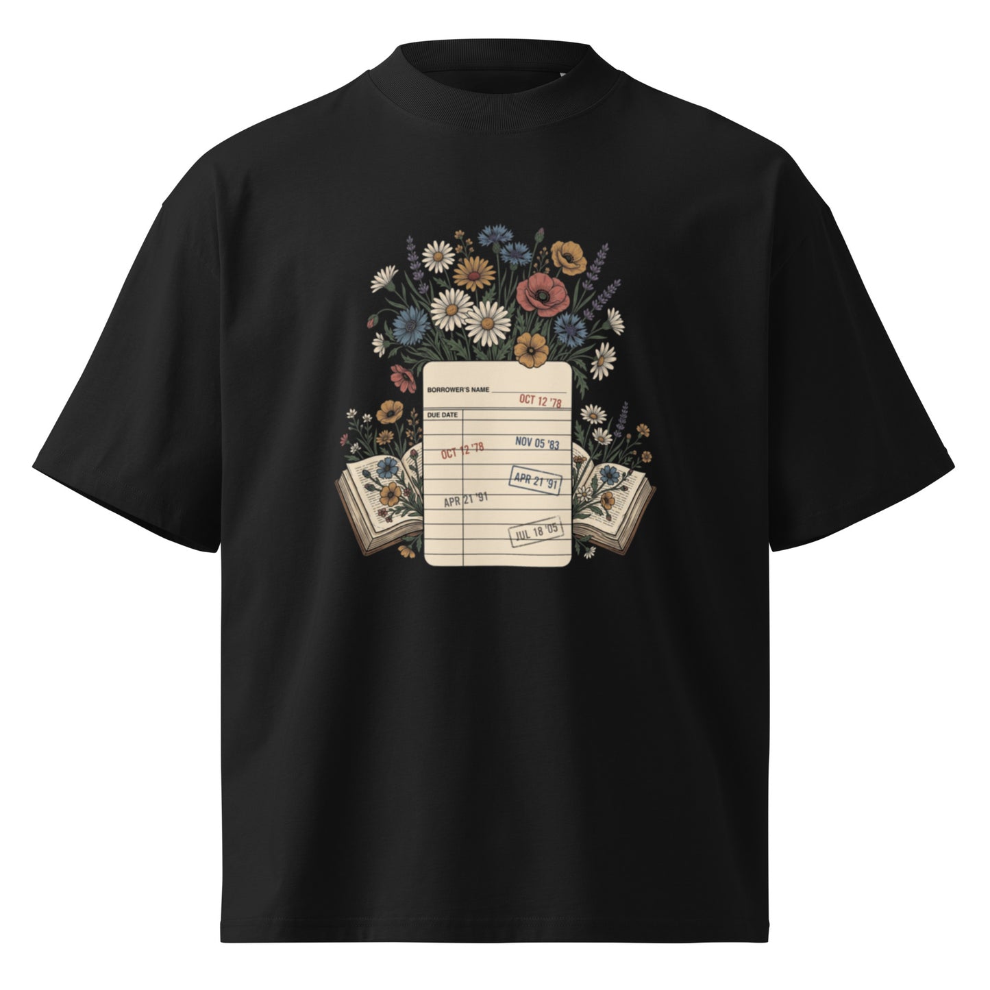 Vintage library due-date card with wildflowers on a black oversized high-neck tee, front view