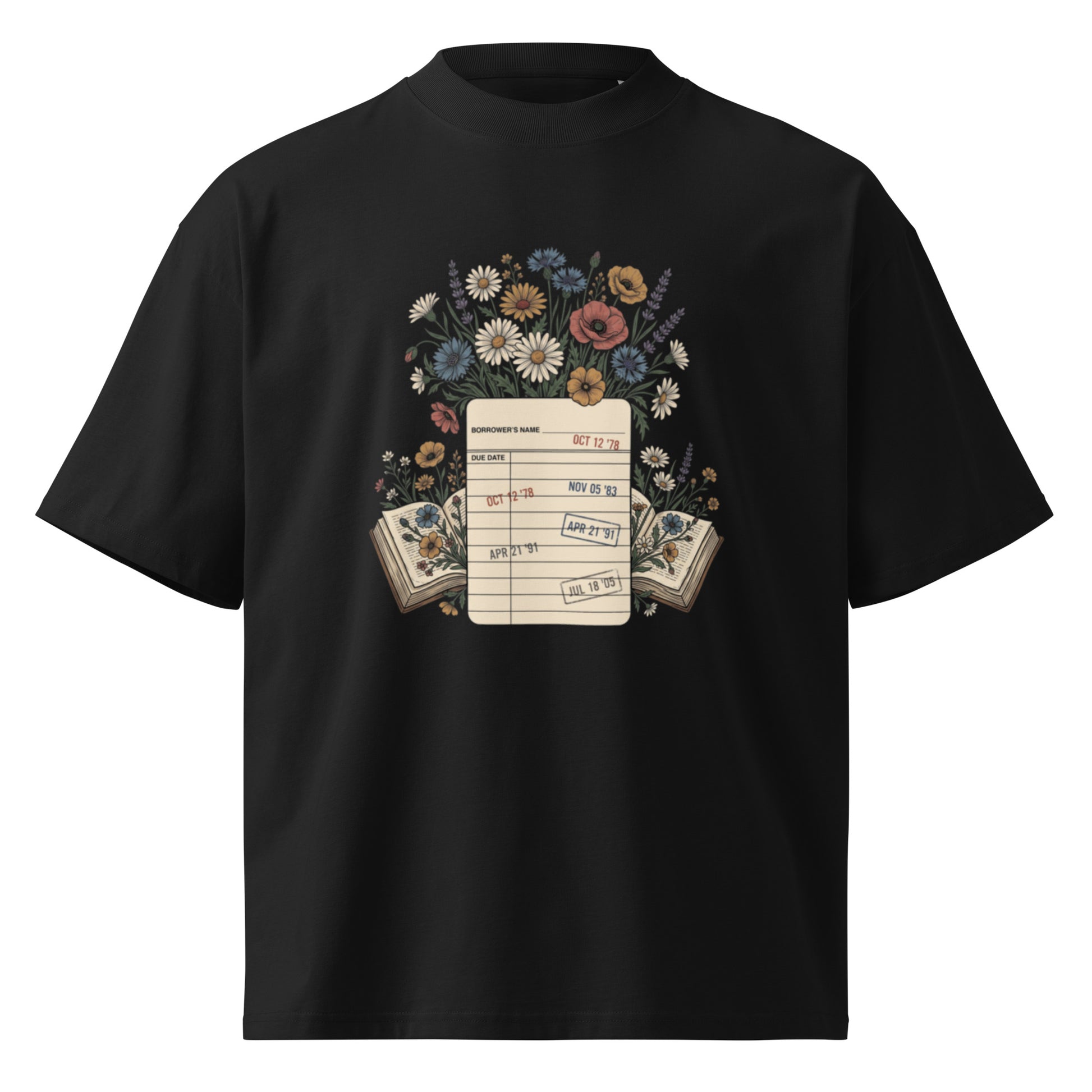 Vintage library due-date card with wildflowers on a black oversized high-neck tee, front view