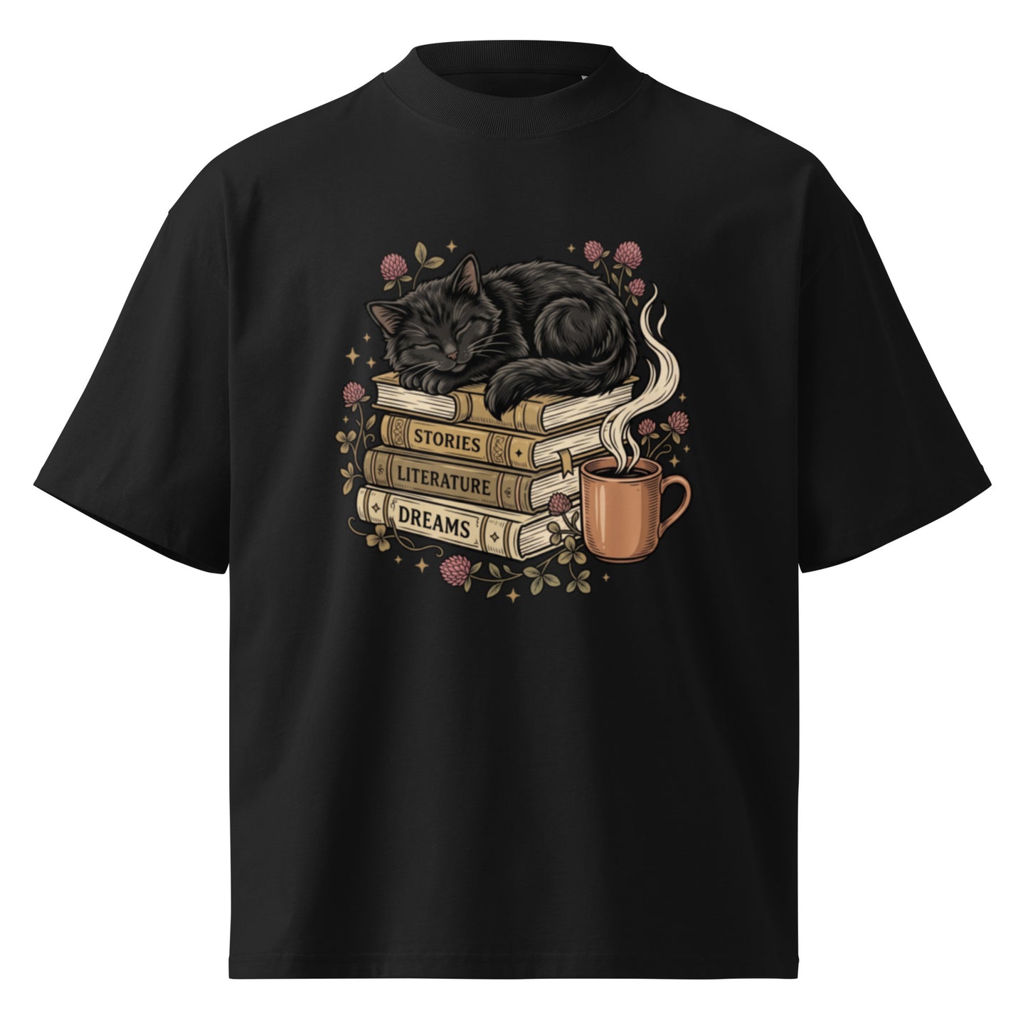 Black cat asleep on a stack of books with coffee and roses, on a black oversized high-neck tee, front view