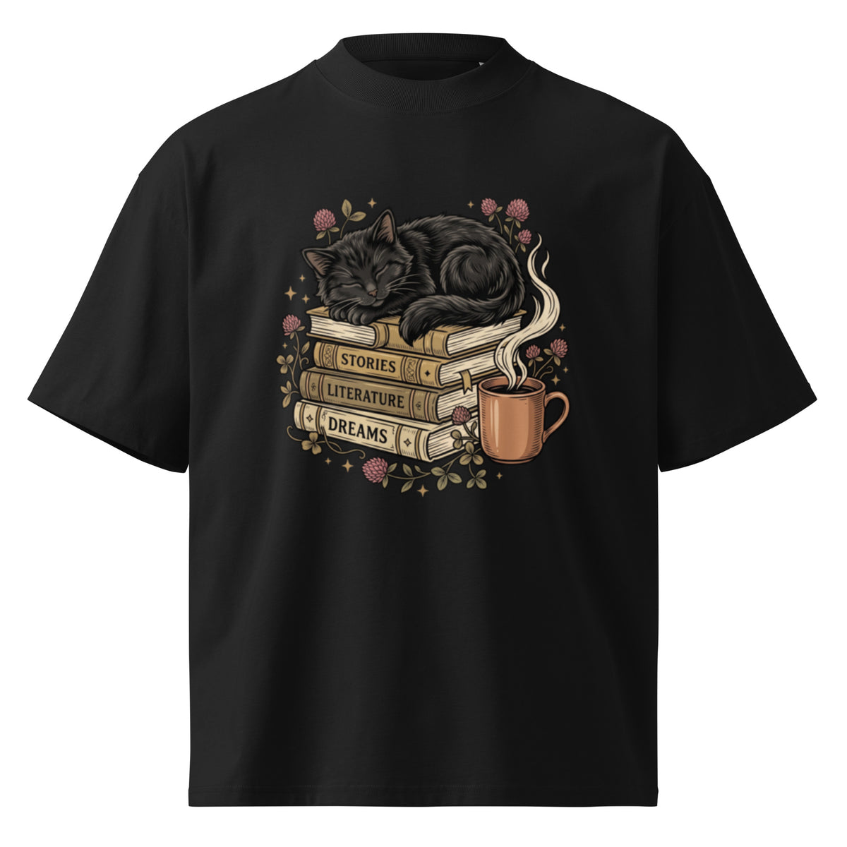 Black cat asleep on a stack of books with coffee and roses, on a black oversized high-neck tee, front view