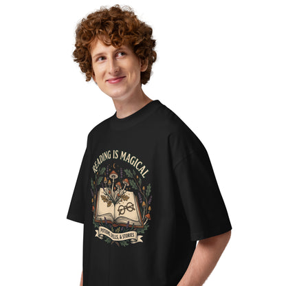 Whimsical Reading Witch oversized T-Shirt - in Black, left view - VibePrintPop