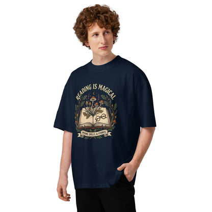 Whimsical Reading Witch oversized T-Shirt - in French Navy, front view - VibePrintPop
