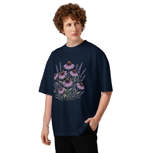 Purple coneflower echinacea botanical study on a French Navy oversized high-neck tee, front view