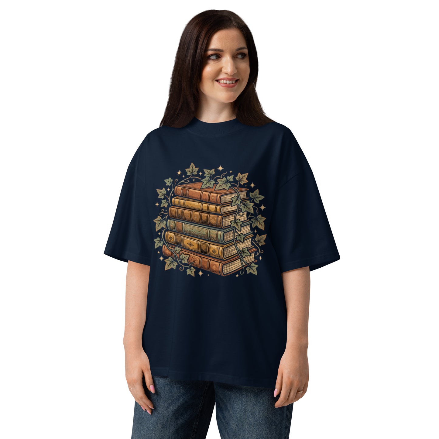 Stack of vintage books wound with ivy on a French Navy oversized high-neck tee, front view