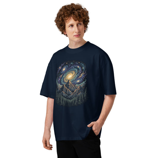 Spiral galaxy above pine-covered mountains on a French Navy oversized high-neck tee, front view