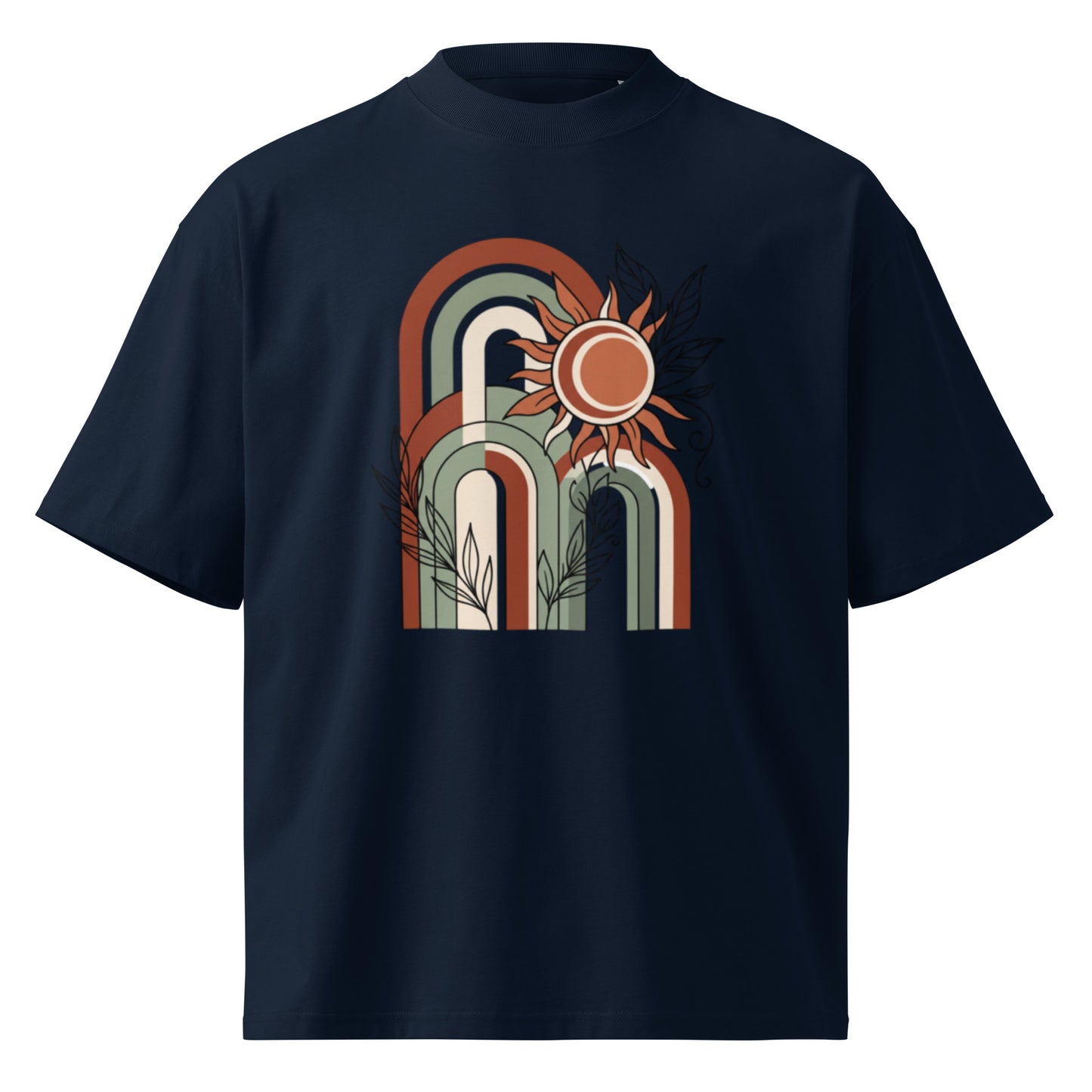 Retro rainbow arches with a rising sun on a French Navy oversized high-neck tee, front view