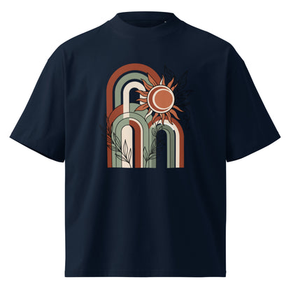 Retro rainbow arches with a rising sun on a French Navy oversized high-neck tee, front view