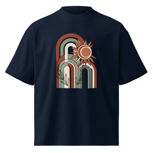 Retro rainbow arches with a rising sun on a French Navy oversized high-neck tee, front view